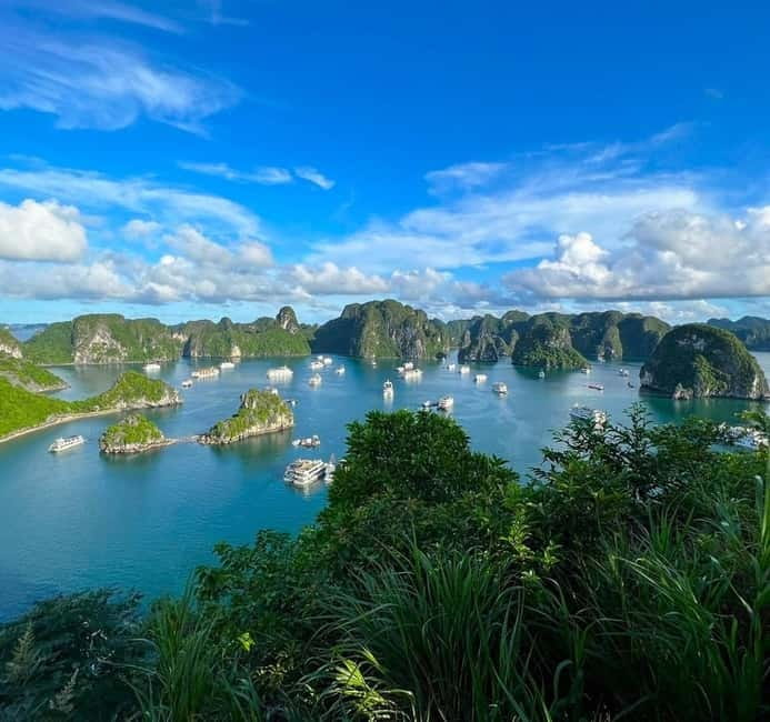 Halong 6 Hours Cruise: Kayak, Cave, Lunch, Beach & Island - Sunset wine, fruit, and French fries